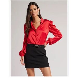 Generation Love‎ Crissy Blouse Red Satin Puff Sleeve Top XS
